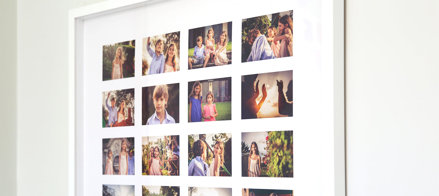  A close up of a framed photo collage with multiple family photographs arranged in a grid pattern
