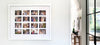 A framed photo collage  with multiple family photographs arranged in a grid pattern hanging on the wall of a nicely decorated house.